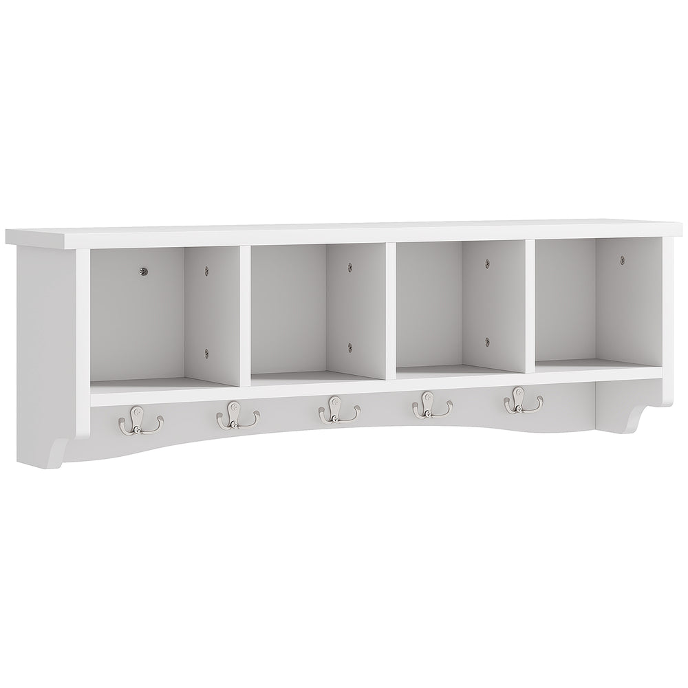 Wall Mounted Coat Rack with Shelf, 71cm, 5 Hooks and 4 Compartments, for Living Room, Entryway, White