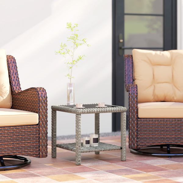 Table basse d'extérieur 48 cm en osier avec plateau en verre et étagère de rangement pour jardin, véranda, balcon, terrasse, gris foncé