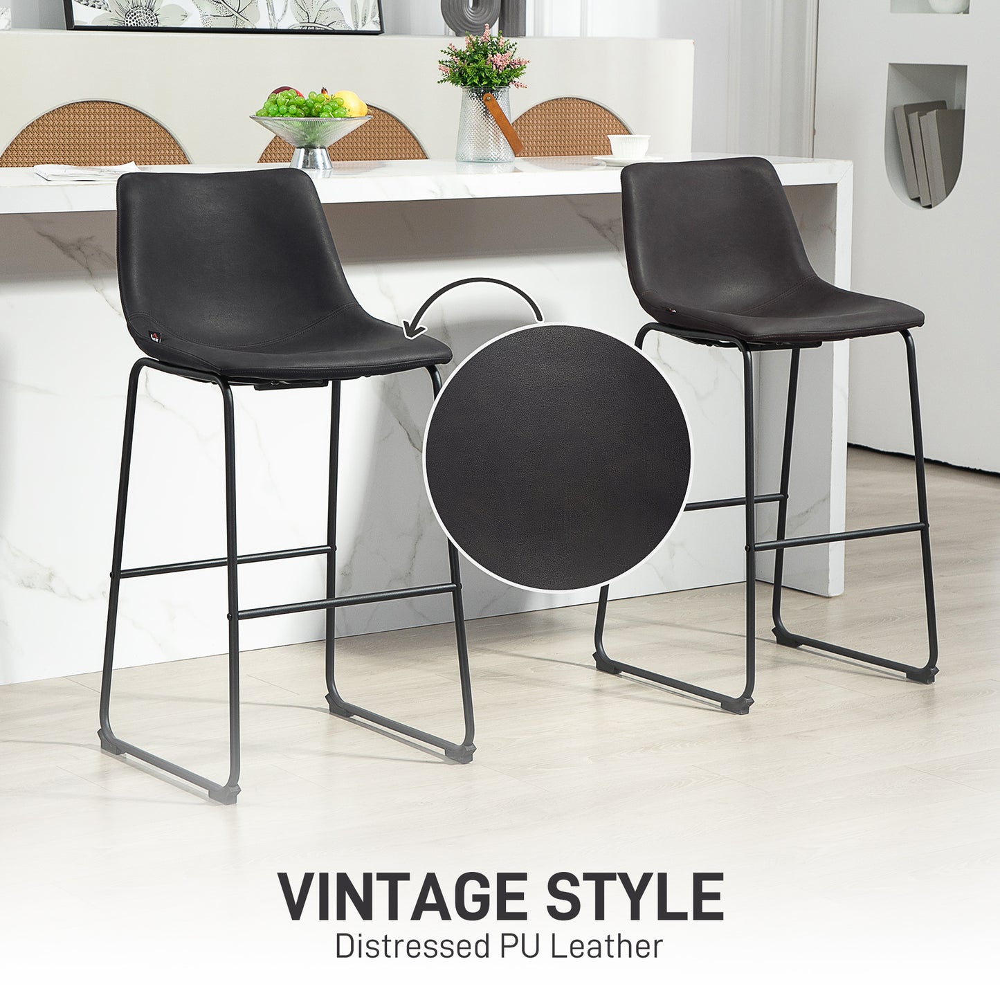 Set of 2 Vintage PU Leather Bar Stools, Kitchen Stools with Footrest, Dark Brown