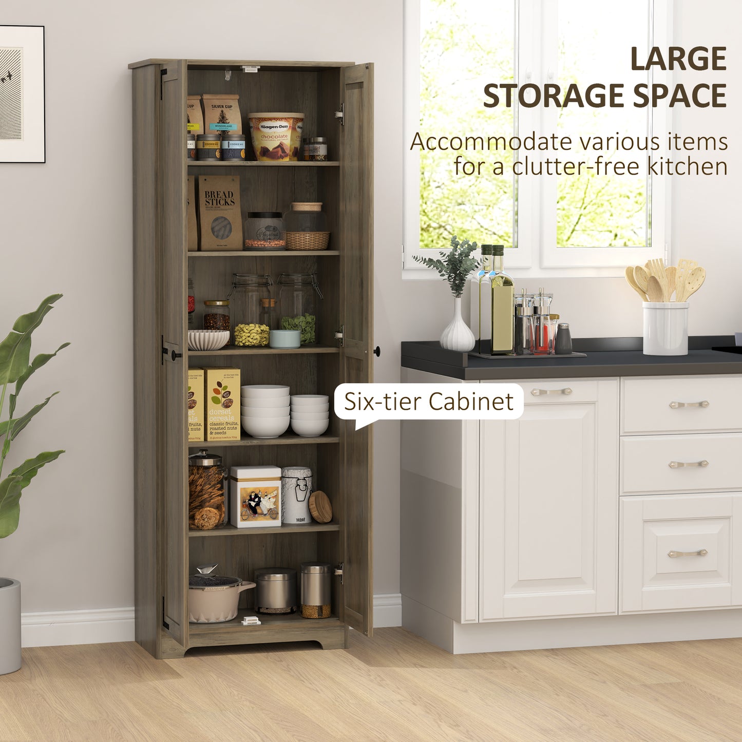 Armoire de rangement de style campagnard, 67 po, avec 2 portes et étagères réglables, gris vieilli