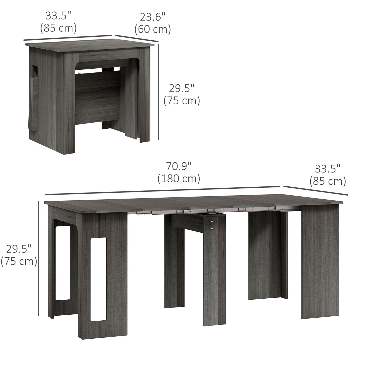 Table pliante et extensible, table de cuisine pour petits espaces, jusqu'à 6 personnes, gris