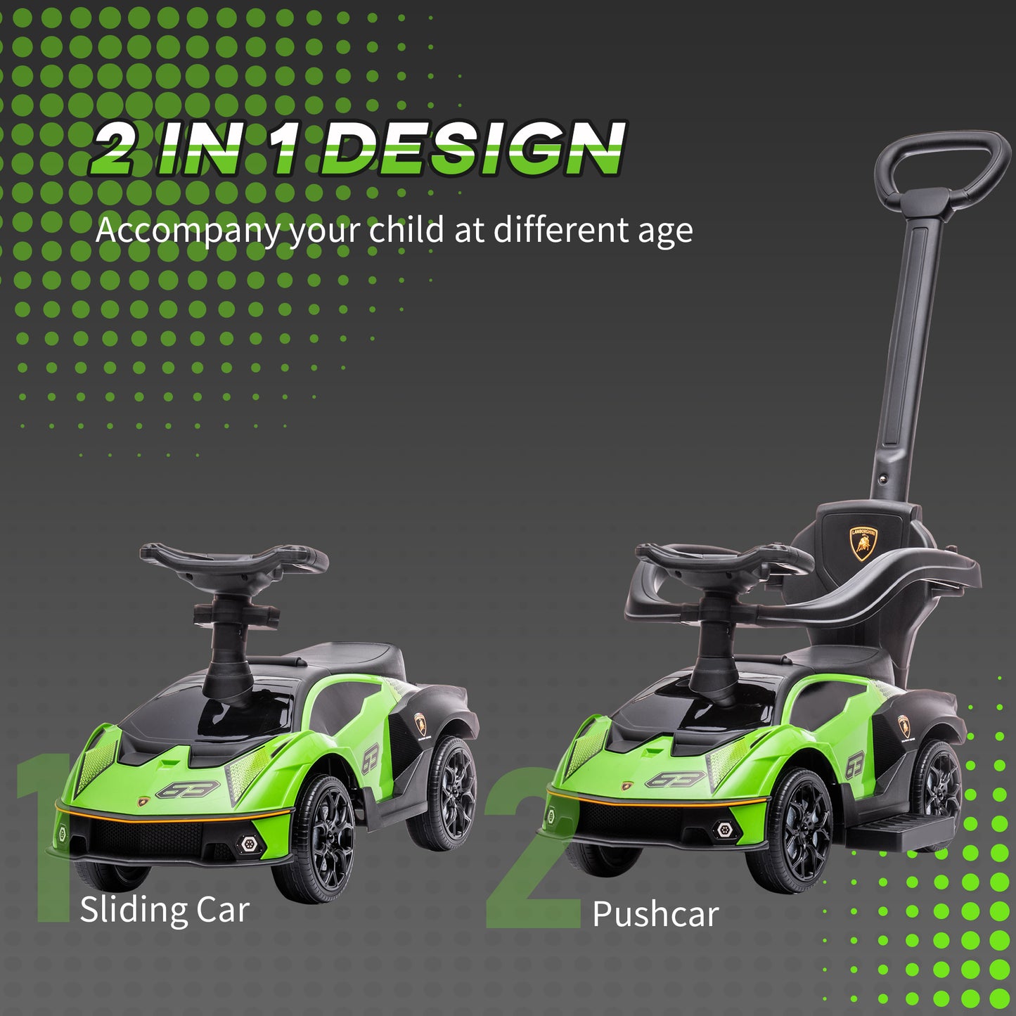 Licensed 3-in-1 Kids Push Car with Safety Guard, Footrest, Horn, Green