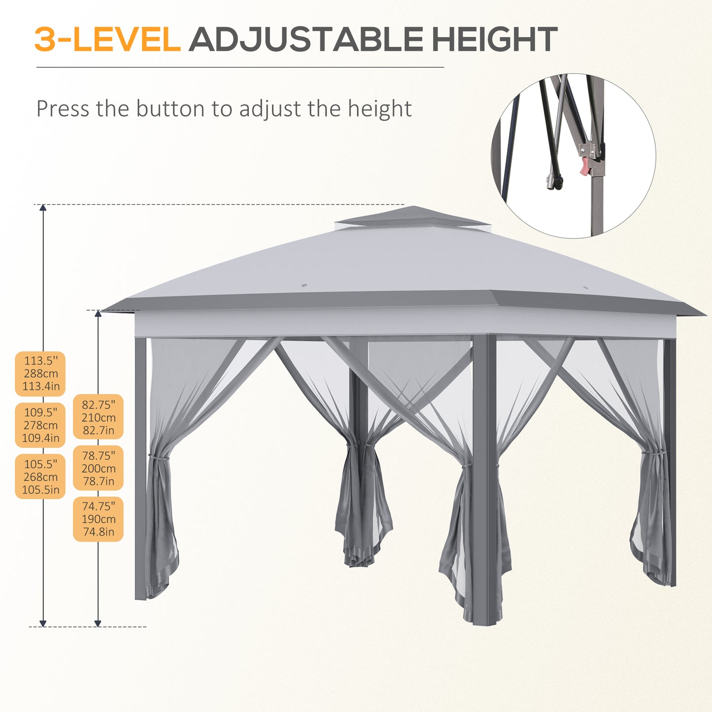 Gazebo pliant 11' x 11', tente pliable à double toit avec parois latérales en maille zippée, hauteur réglable et sac de transport, gris