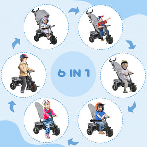 Tricycle 6 en 1 avec poignée parentale, gris