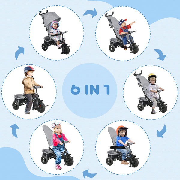 Tricycle 6 en 1 avec poignée parentale, gris
