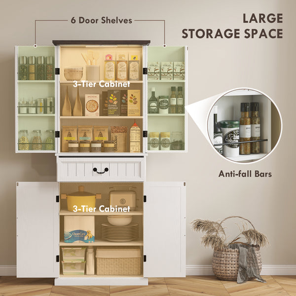 Country style storage unit with door shelves and LEDs, aged white