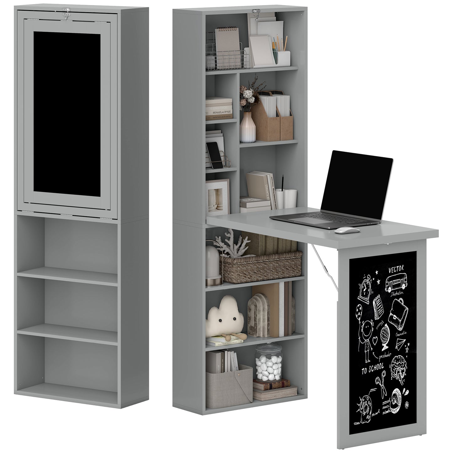 Bureau d'ordinateur mural pliable et convertible avec tableau noir et étagère latérale, gris anthracite