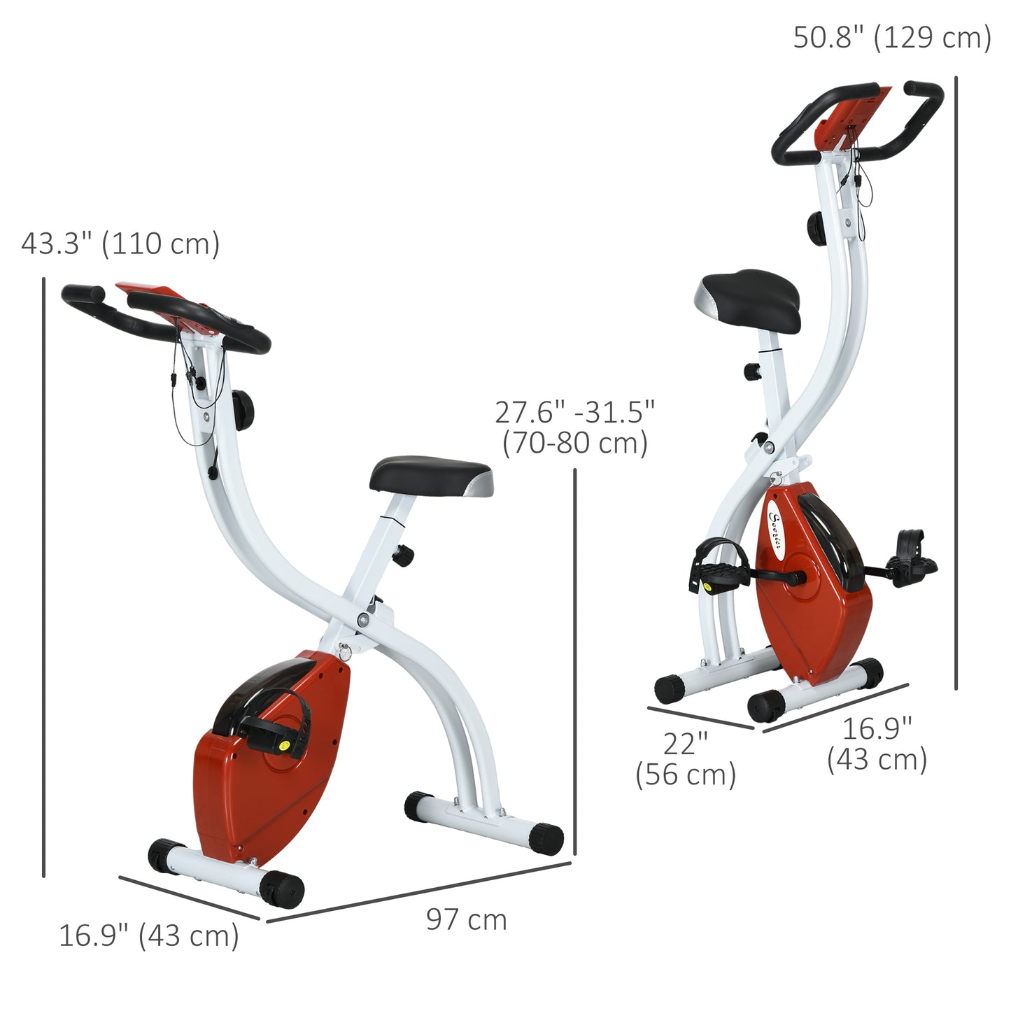 Vélo d'appartement pliable et silencieux avec résistance magnétique à 8 niveaux, capteur de pouls, roues et écran LCD, rouge