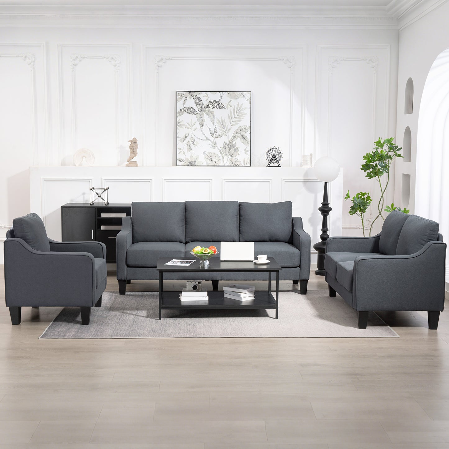 Canapé moderne avec ressorts ensachés, revêtement en lin, rembourrage épais, gris anthracite