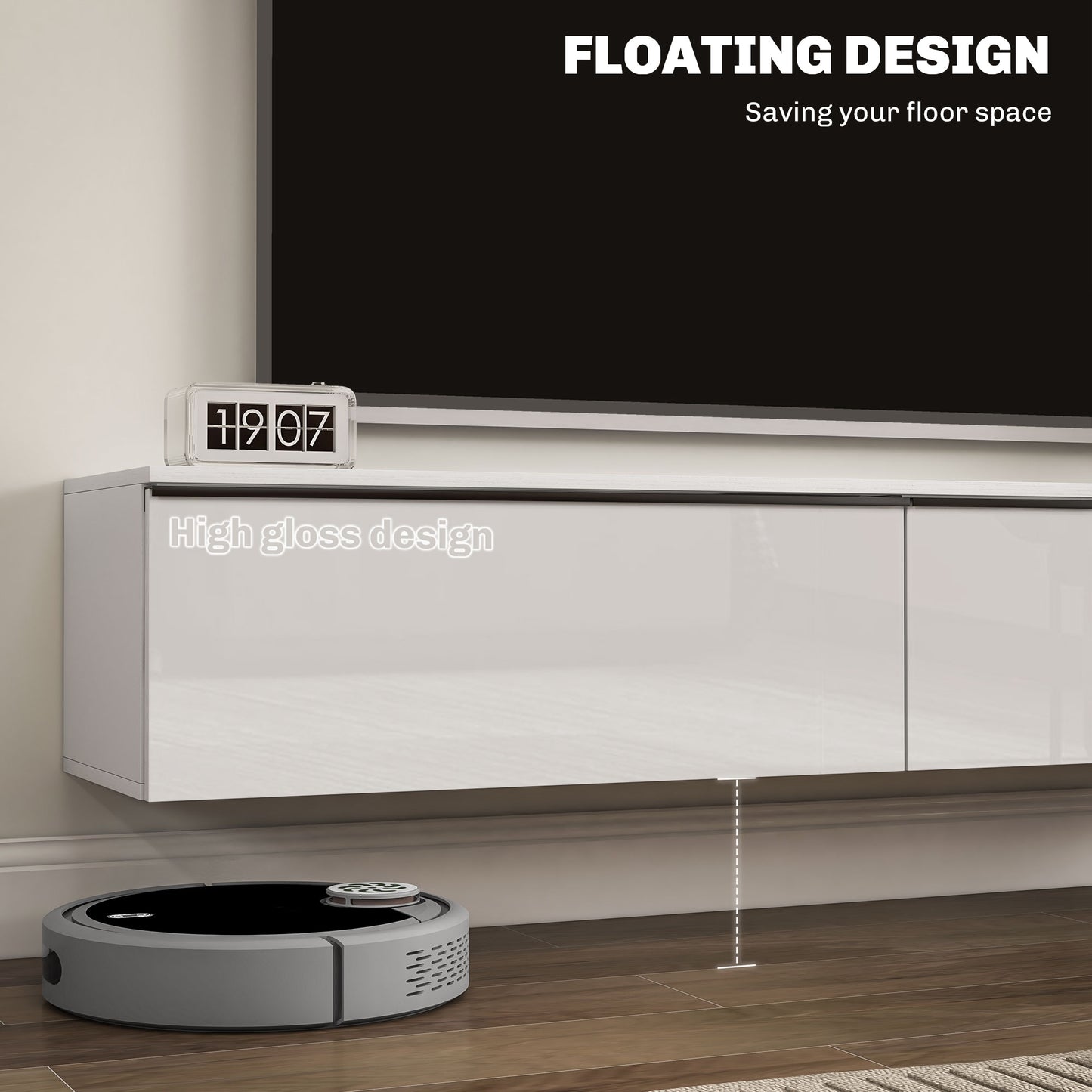 Meuble TV mural flottant pour téléviseurs jusqu'à 70 pouces avec rangement, effet brillant, blan