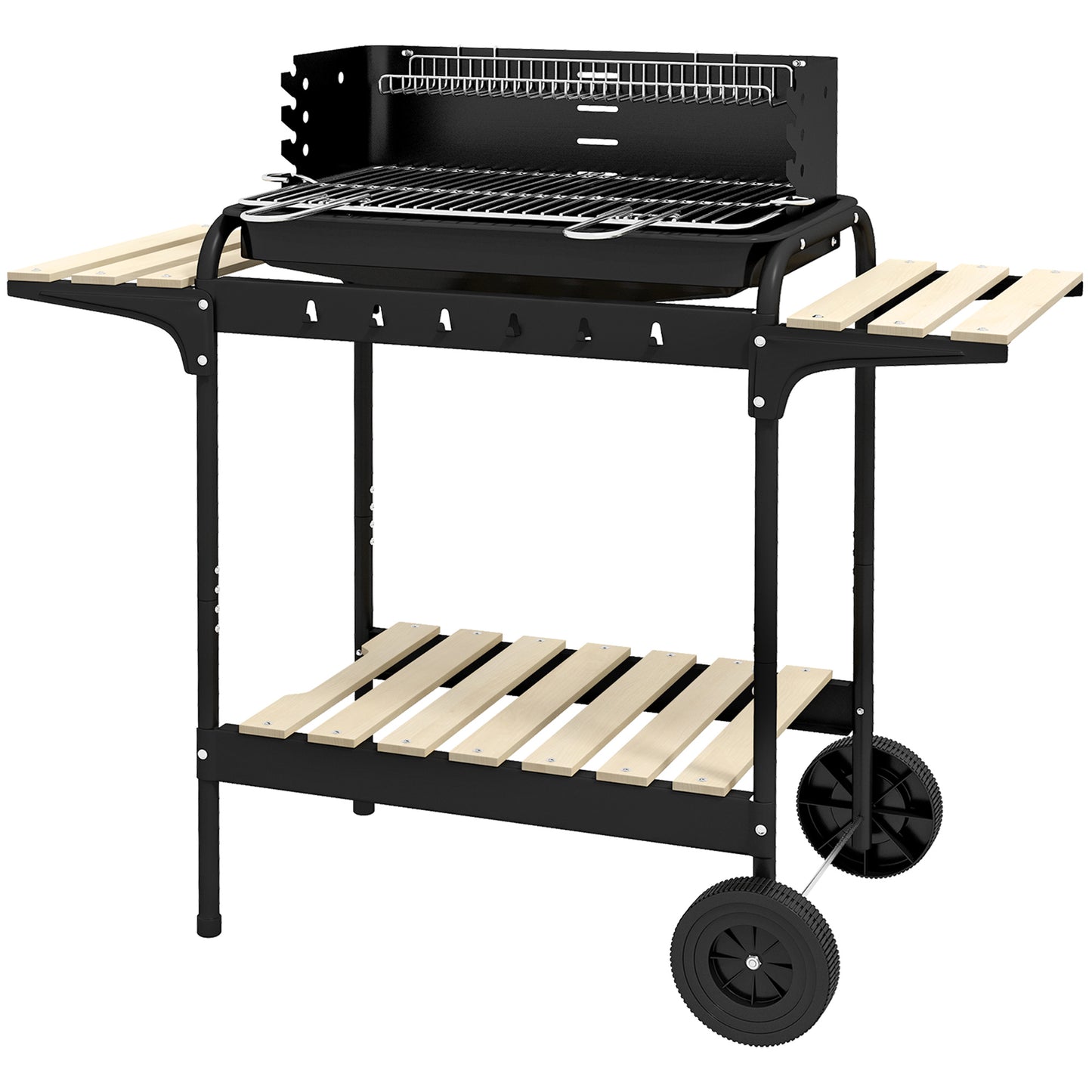 Outsunny Adjustable Height Charcoal BBQ Grill, Portable BBQ Cart with Ash Catcher and Wheels, Black