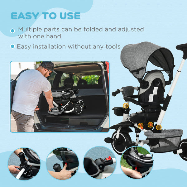 Tricycle 6 en 1 pliable avec siège réglable, harnais de sécurité, auvent amovible, gris