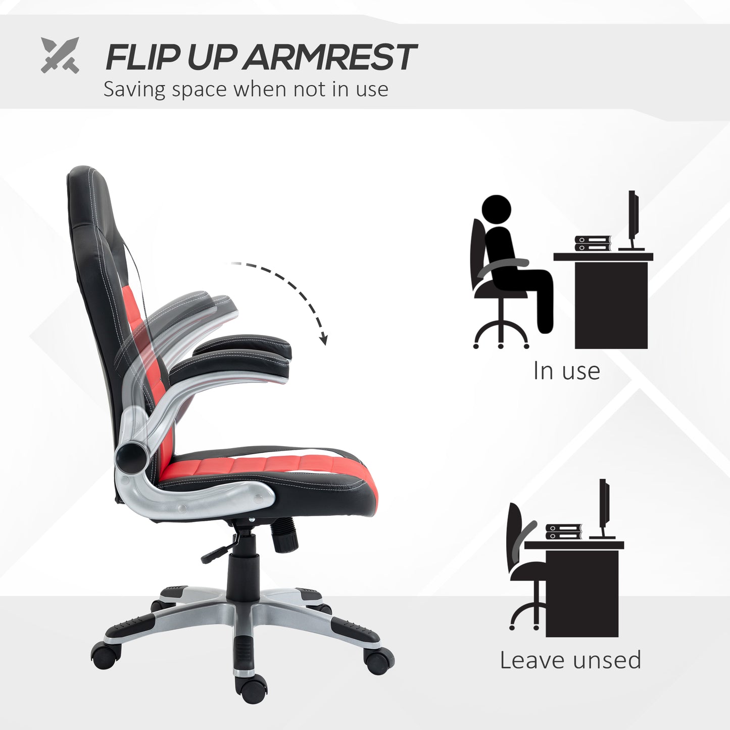 Gaming chair in synthetic leather, adjustable height, flip-up armrests, swivel casters, red