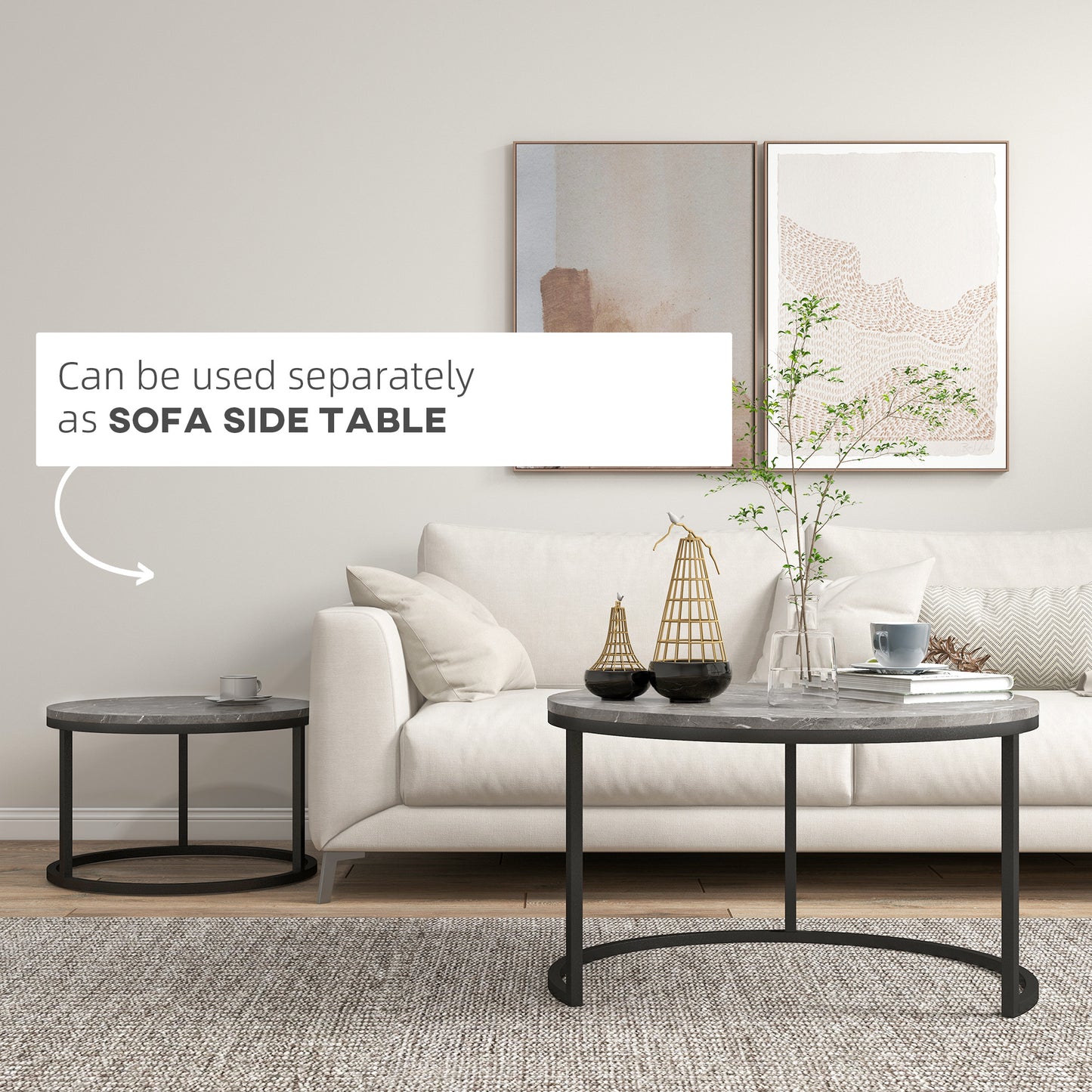 Lot de 2 tables basses modernes avec base en métal pour salon, imitation marbre gris