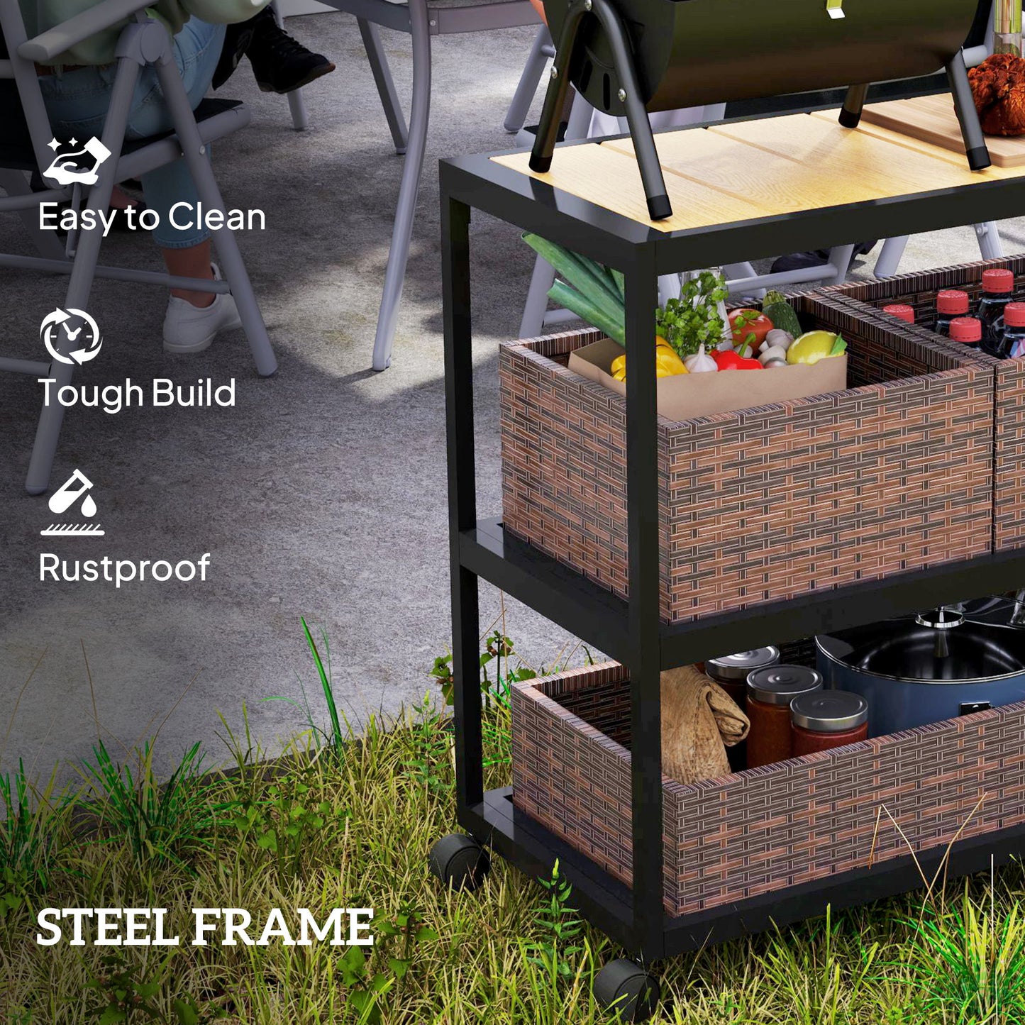 Outsunny Outdoor Bar Cart with Side Handle, 3 Tier Rolling Cart with Removable Rattan Basket, Mixed Brown