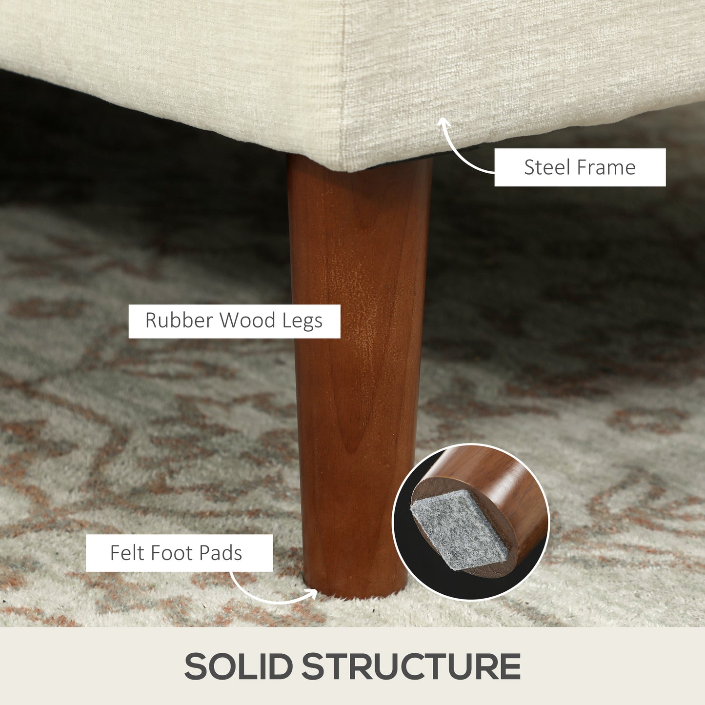 Canapé d'angle moderne avec méridienne droite, canapé 3 places capitonné avec pieds en bois, blanc crème