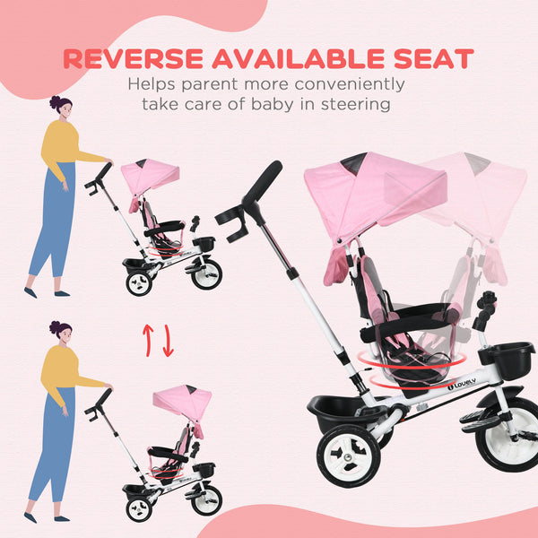 Tricycle 6 en 1 avec poignée parentale, auvent, paniers de rangement et porte-gobelet, rose