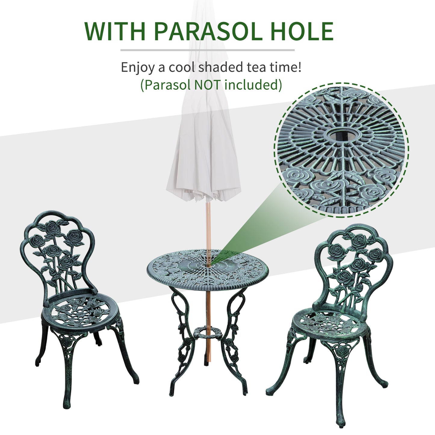 Outsunny Ensemble table et chaises de bistrot de patio 3 pièces Vert antique