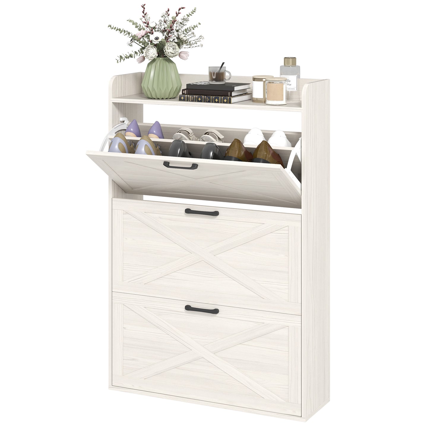 Meuble de rangement à chaussures de style ferme avec 3 tiroirs rabattables et étagères réglables, chêne blanc