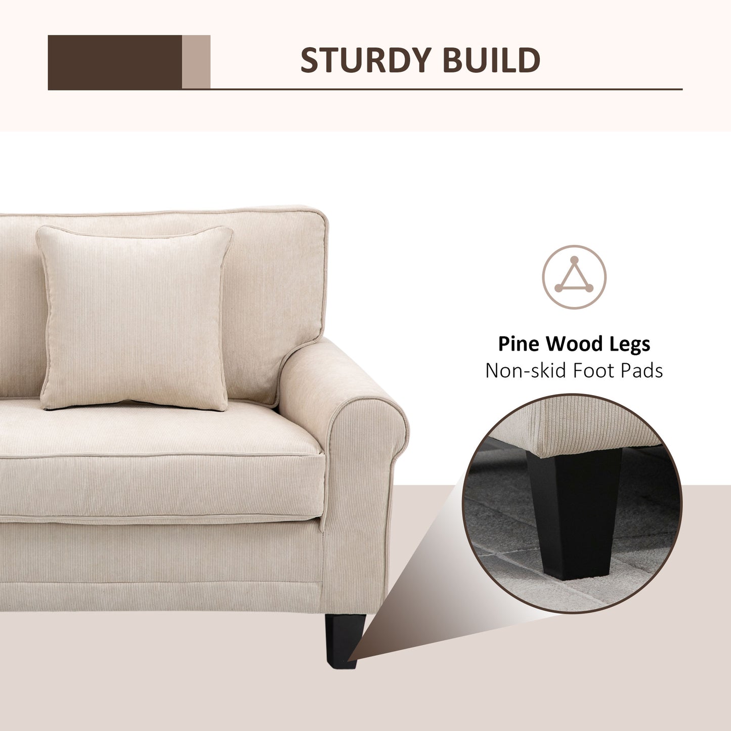 HOMCOM Modern 3-seater sofa, corduroy fabric, pine legs and rolled armrests, beige