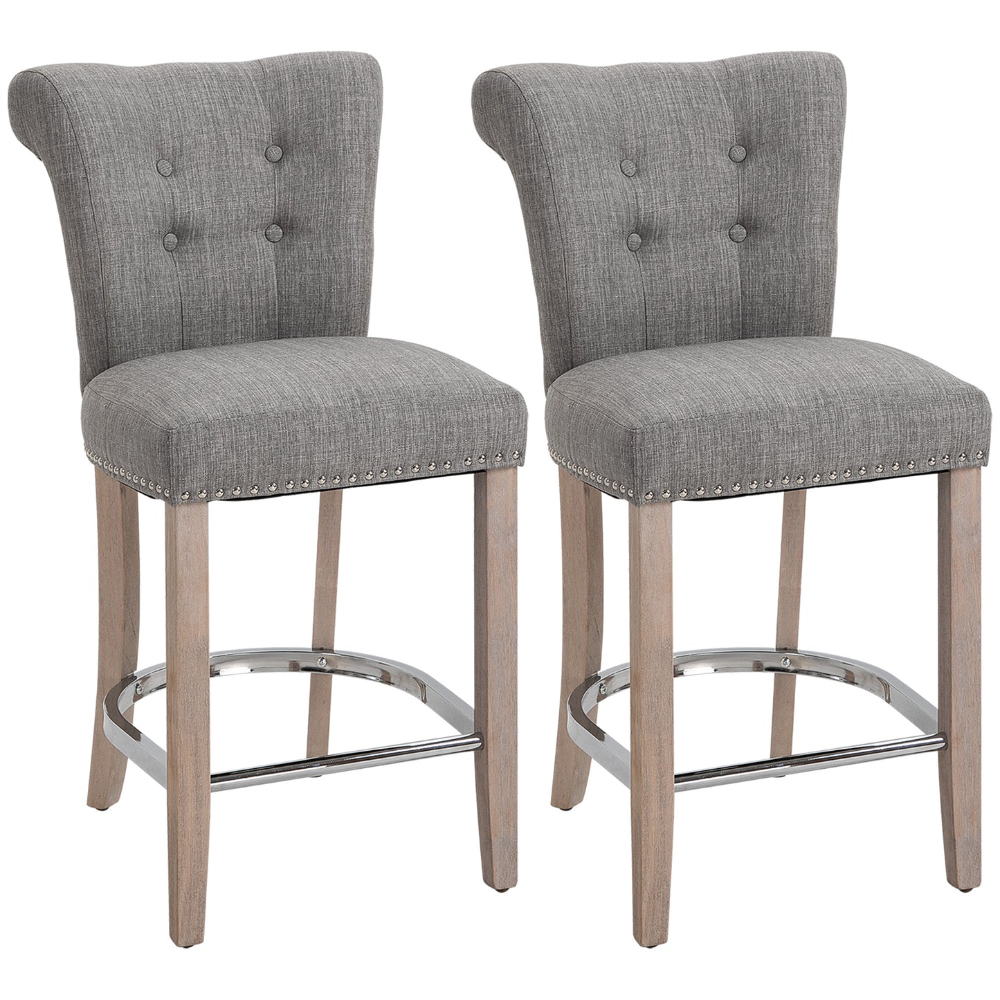 Set of 2 Upholstered Counter Height Bar Stools with Tufted Backrest, Wooden Legs and Footrest, Grey
