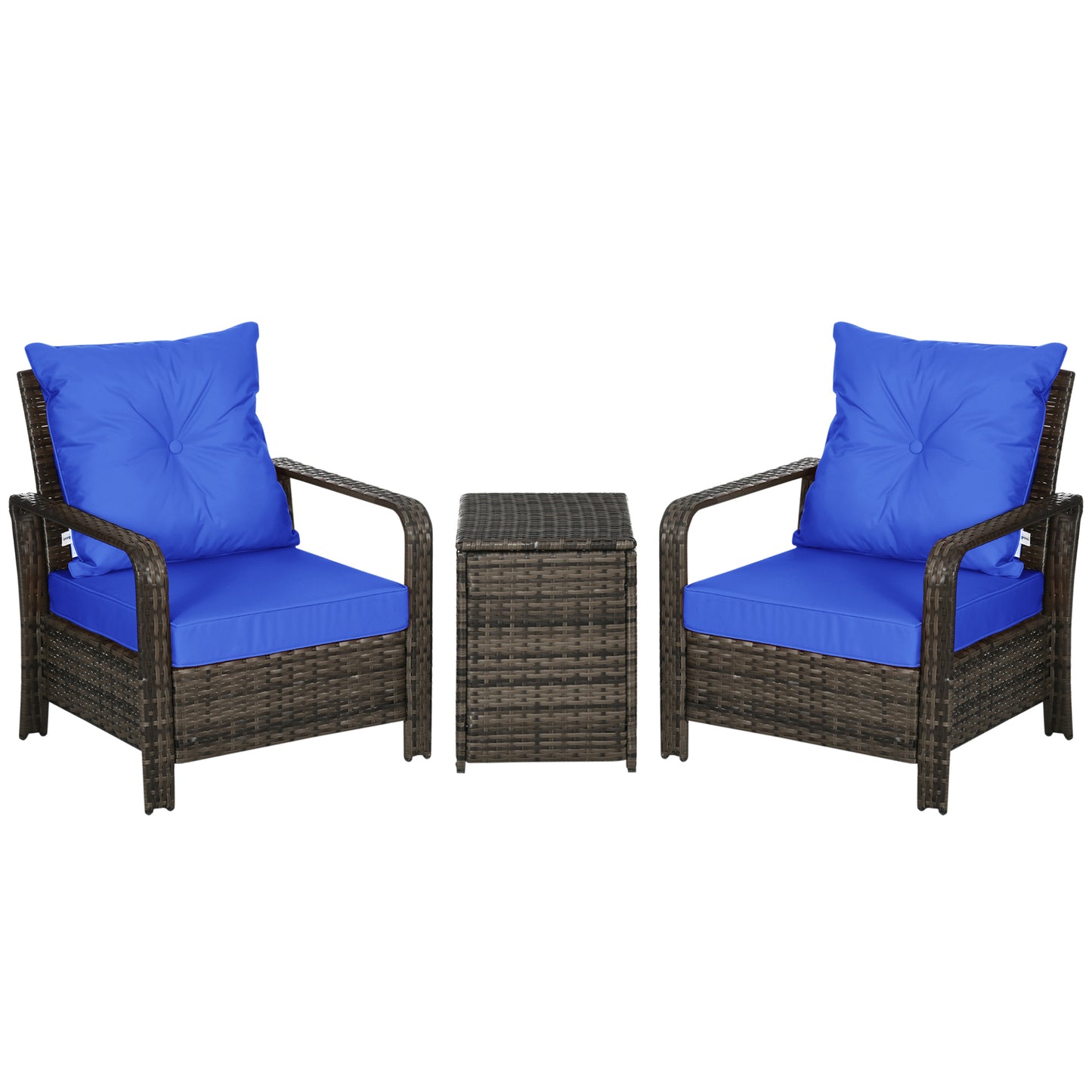Outsunny 3 Piece Wicker Garden Furniture Set, Rattan Bistro Set with Storage Coffee Table and Thick Cushions, Outdoor Conversation Set for Garden, Porch, Balcony, Blue