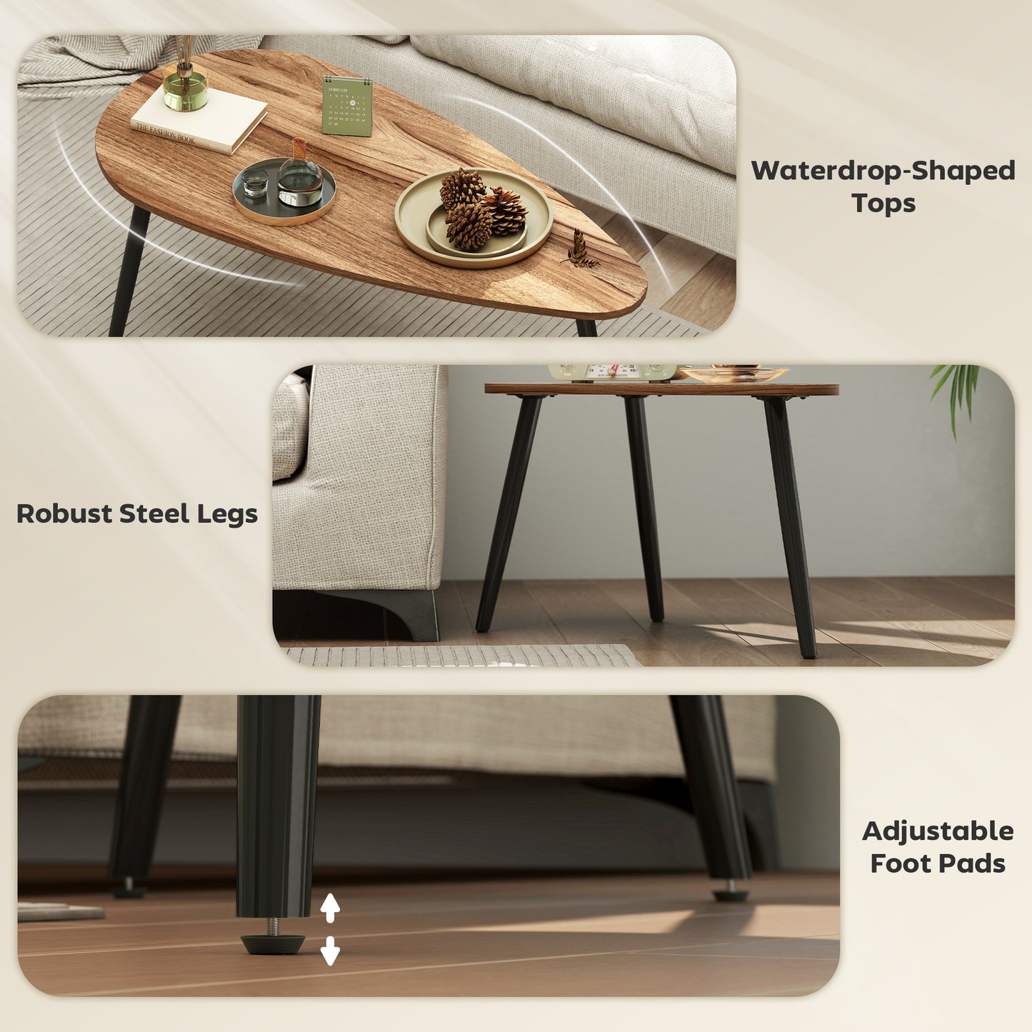 Ensemble de 2 tables basses industrielles avec pieds en acier, marron