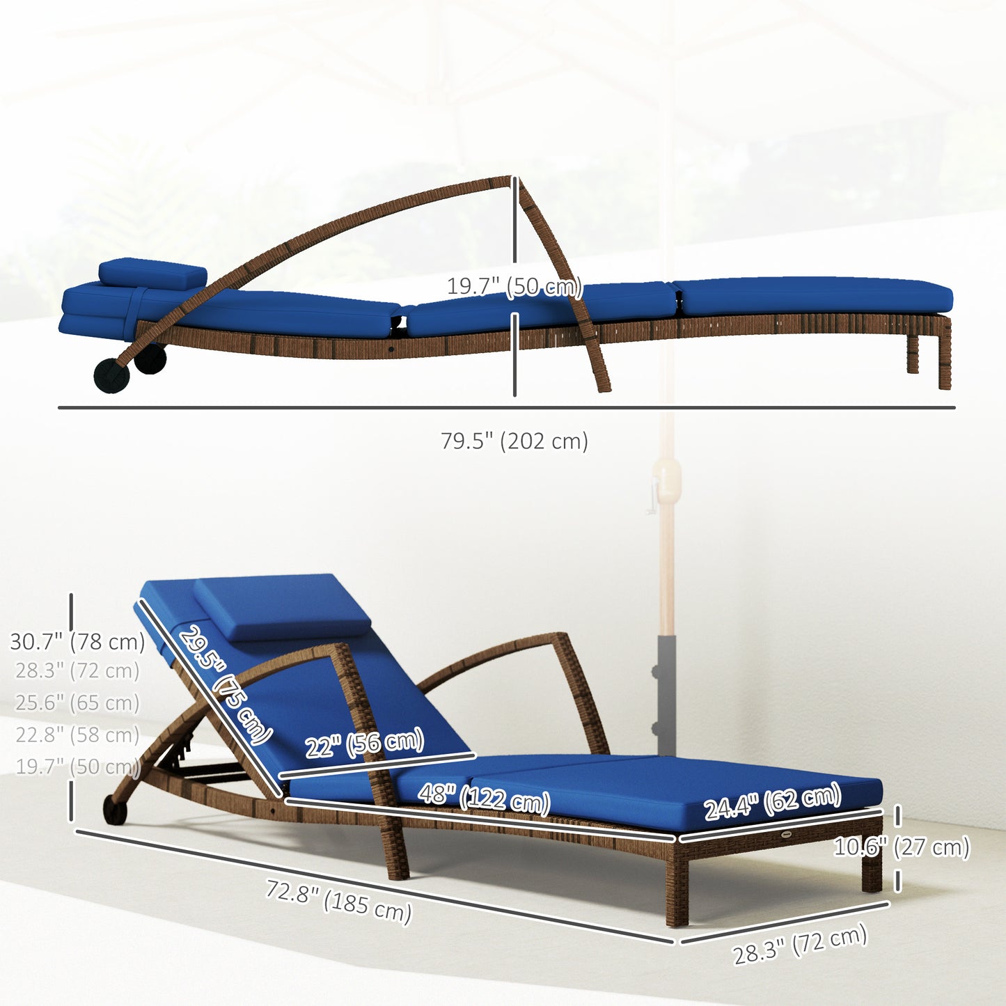 Lot de 2 chaises longues d'extérieur en osier avec dossier réglable sur 5 niveaux, roulettes, coussin et accoudoirs, bleu