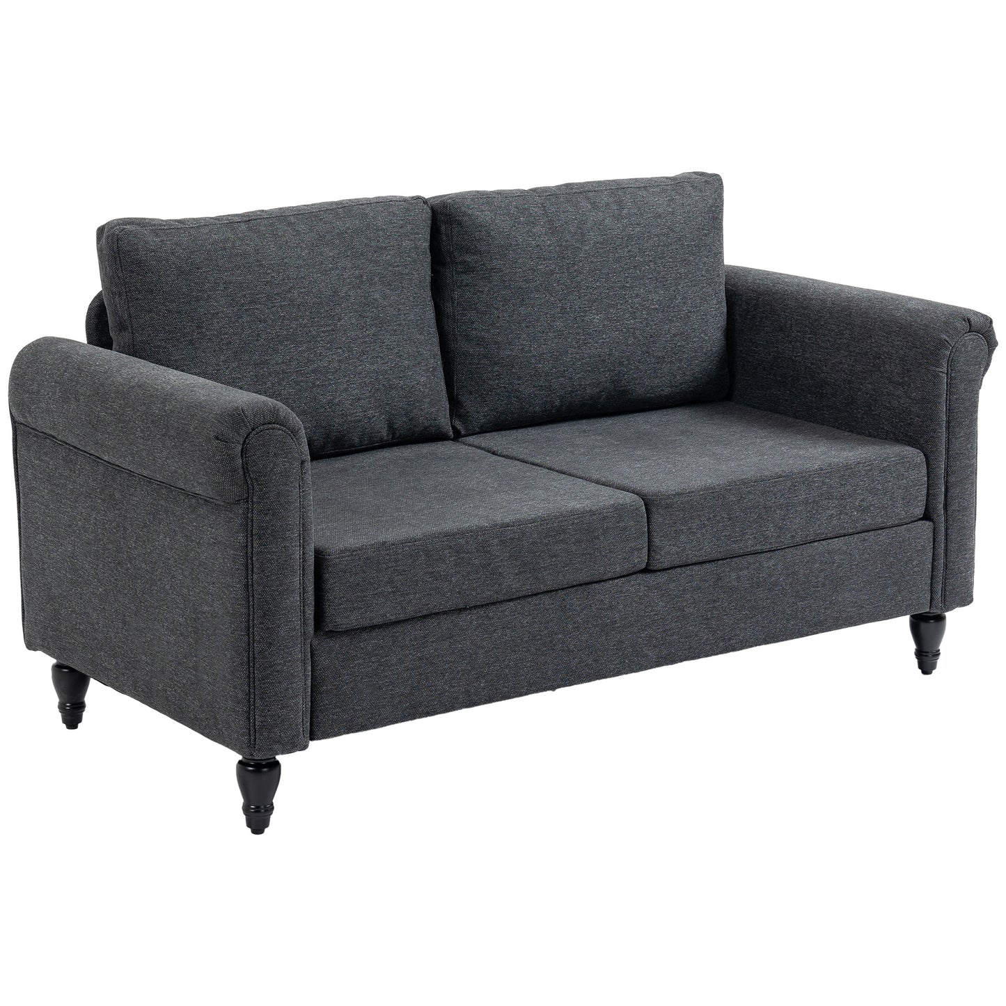 Vintage 2-seater upholstered sofa, chenille fabric, rolled armrests, rubberwood legs, dark grey