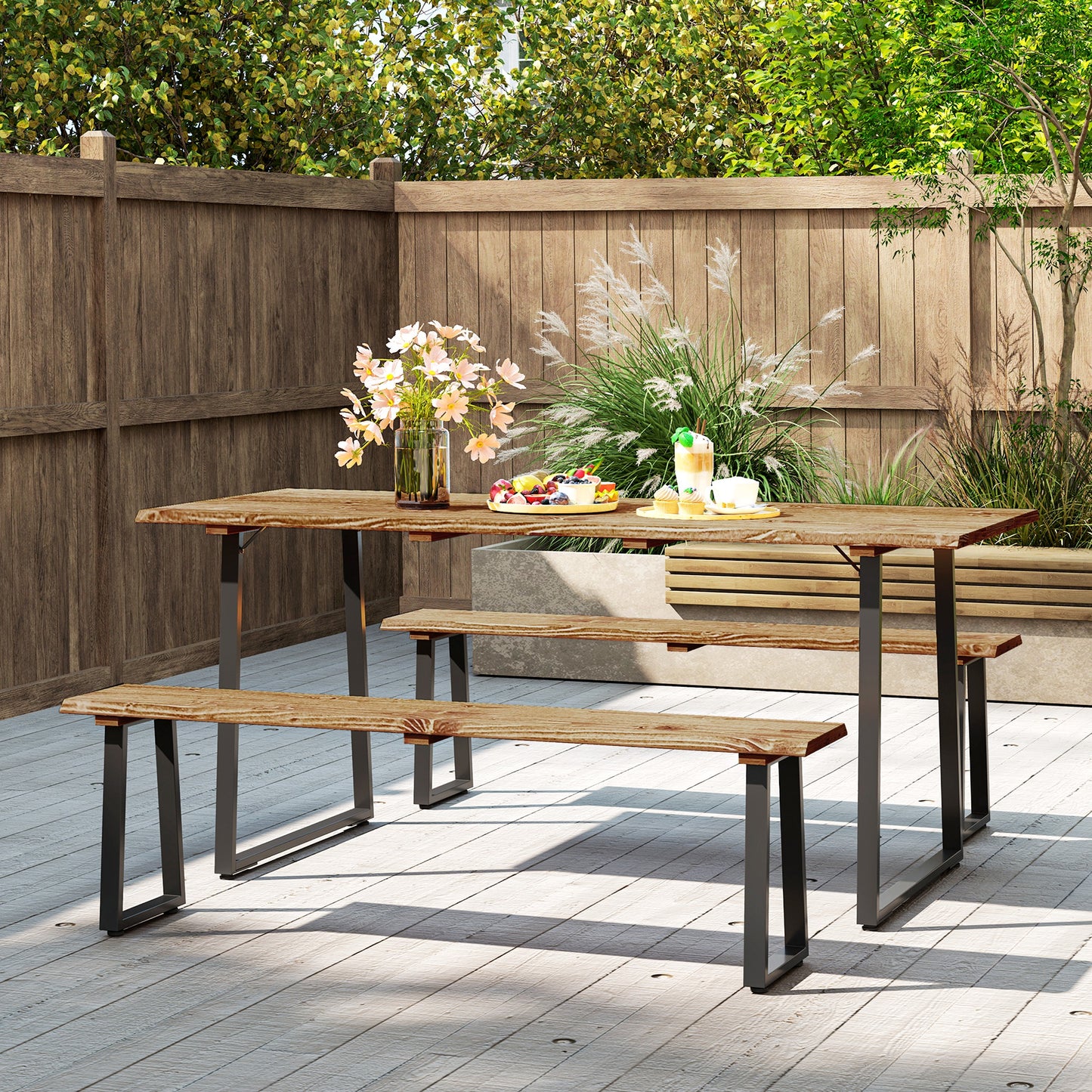 Ensemble table et banc de pique-nique pour 6 personnes avec trou pour parasol de 5 cm, plateau à lattes et structure en acier