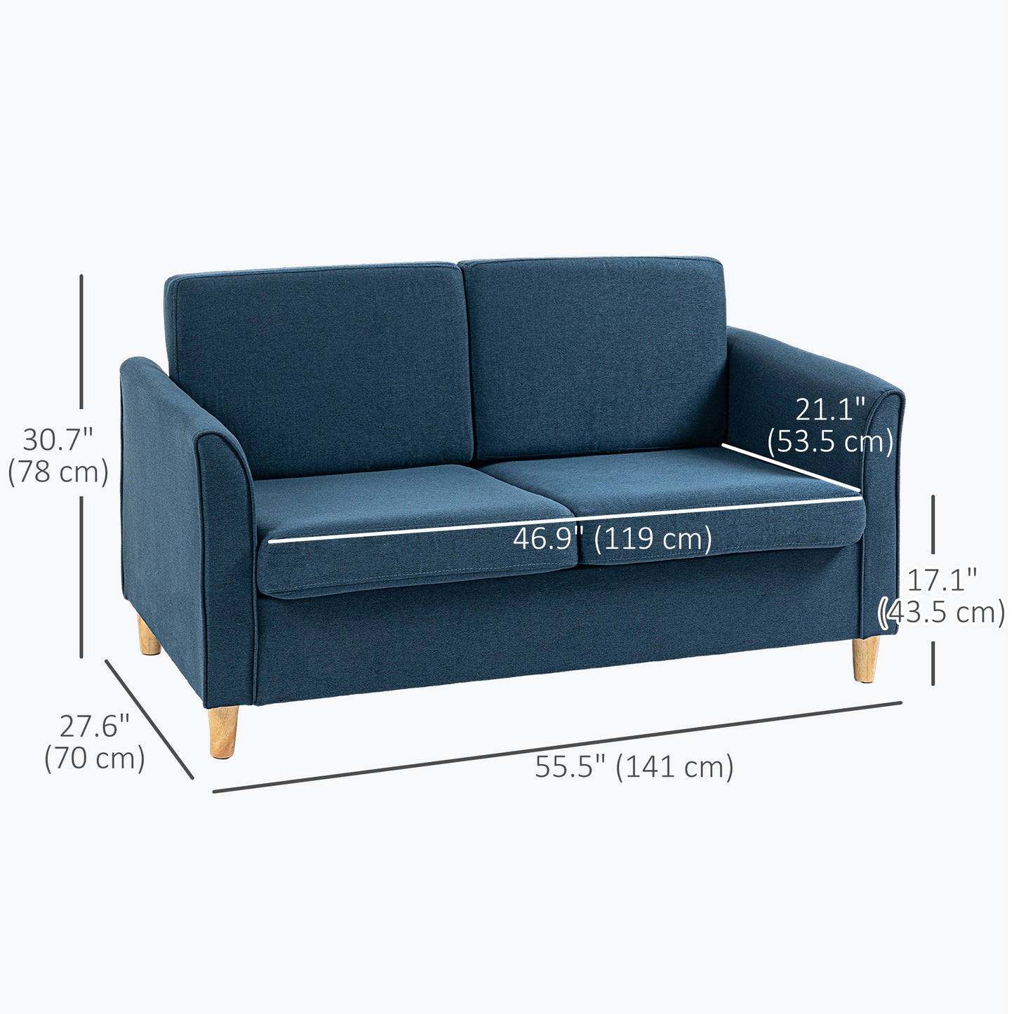 HOMCOM 2 Seater Sofa with Armrests and Wooden Legs for Living Room, Bedroom, Blue
