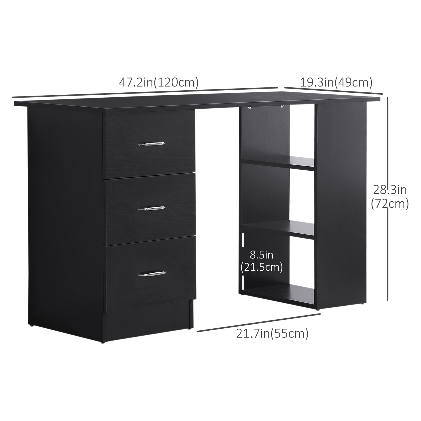 Bureau avec étagères de rangement à 3 niveaux avec tiroirs, noir