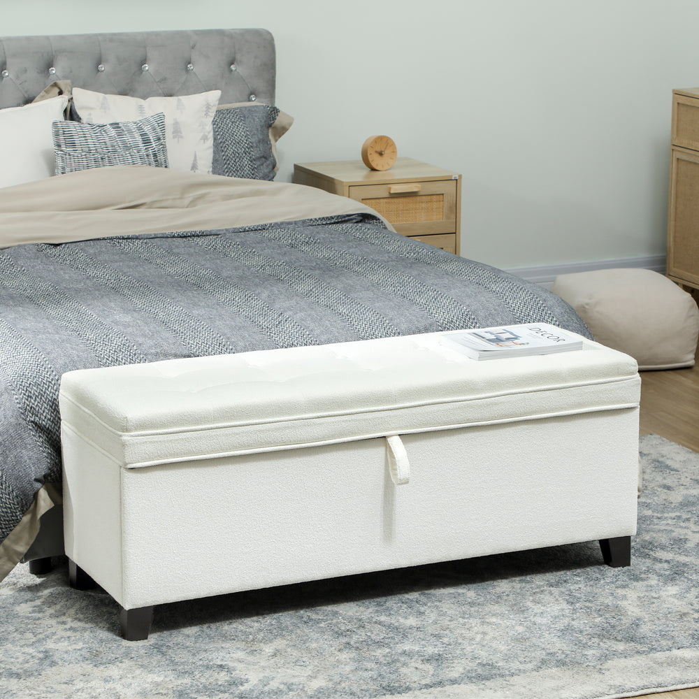 Banc ottoman de rangement avec charnières de sécurité, blanc crème