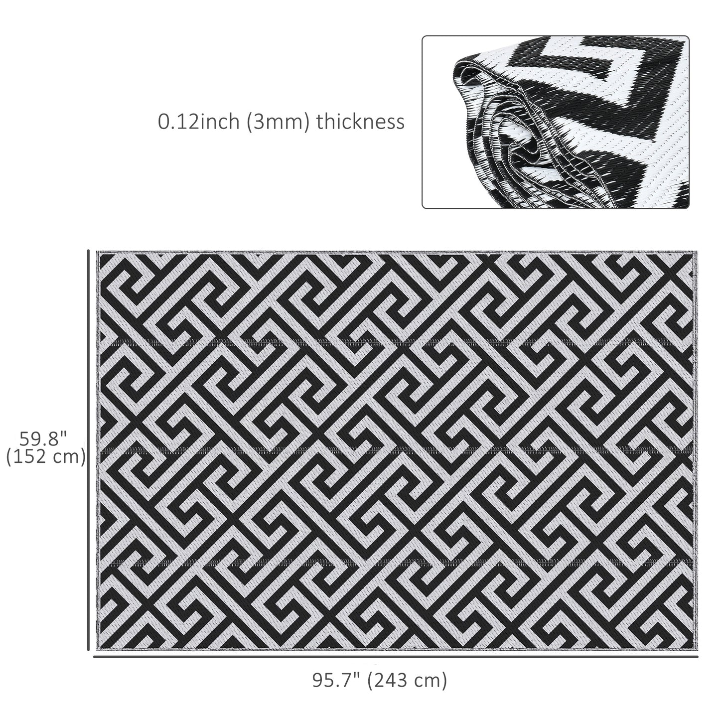 Reversible Outdoor Patio Rug, 1.5 x 2.4m Plastic Straw Mat for Garden, Patio, Beach, Camping, Black and White