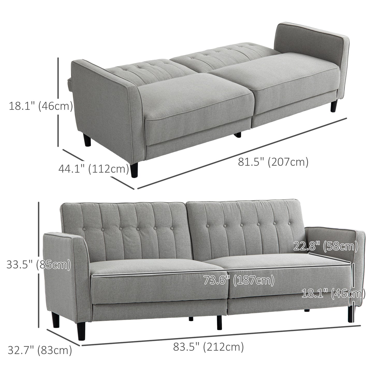 Canapé-lit convertible en tissu capitonné avec dossier réglable pour salon, gris