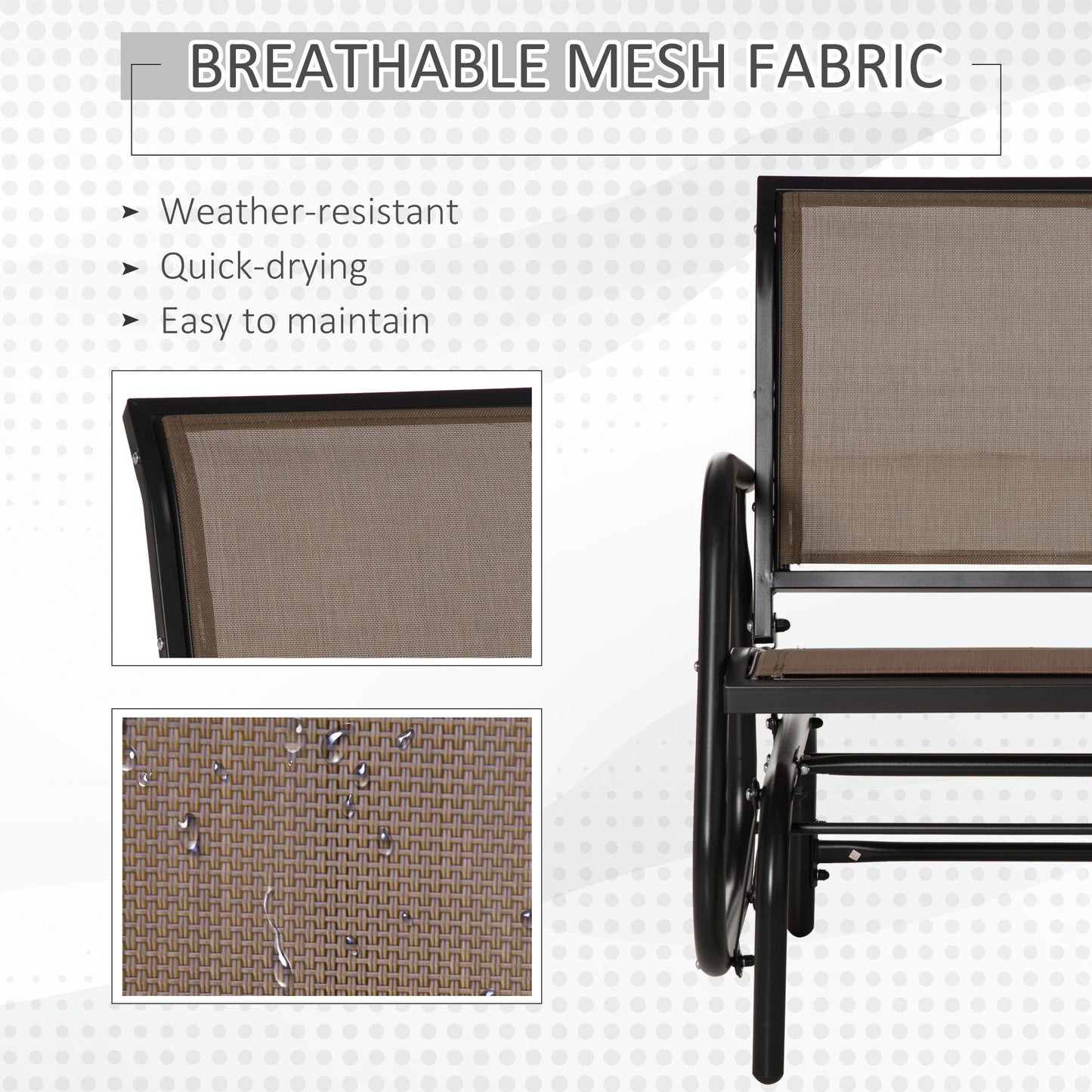 Fauteuil de jardin avec assise et dossier en tissu maillé respirant, cadre en métal et accoudoirs, marron