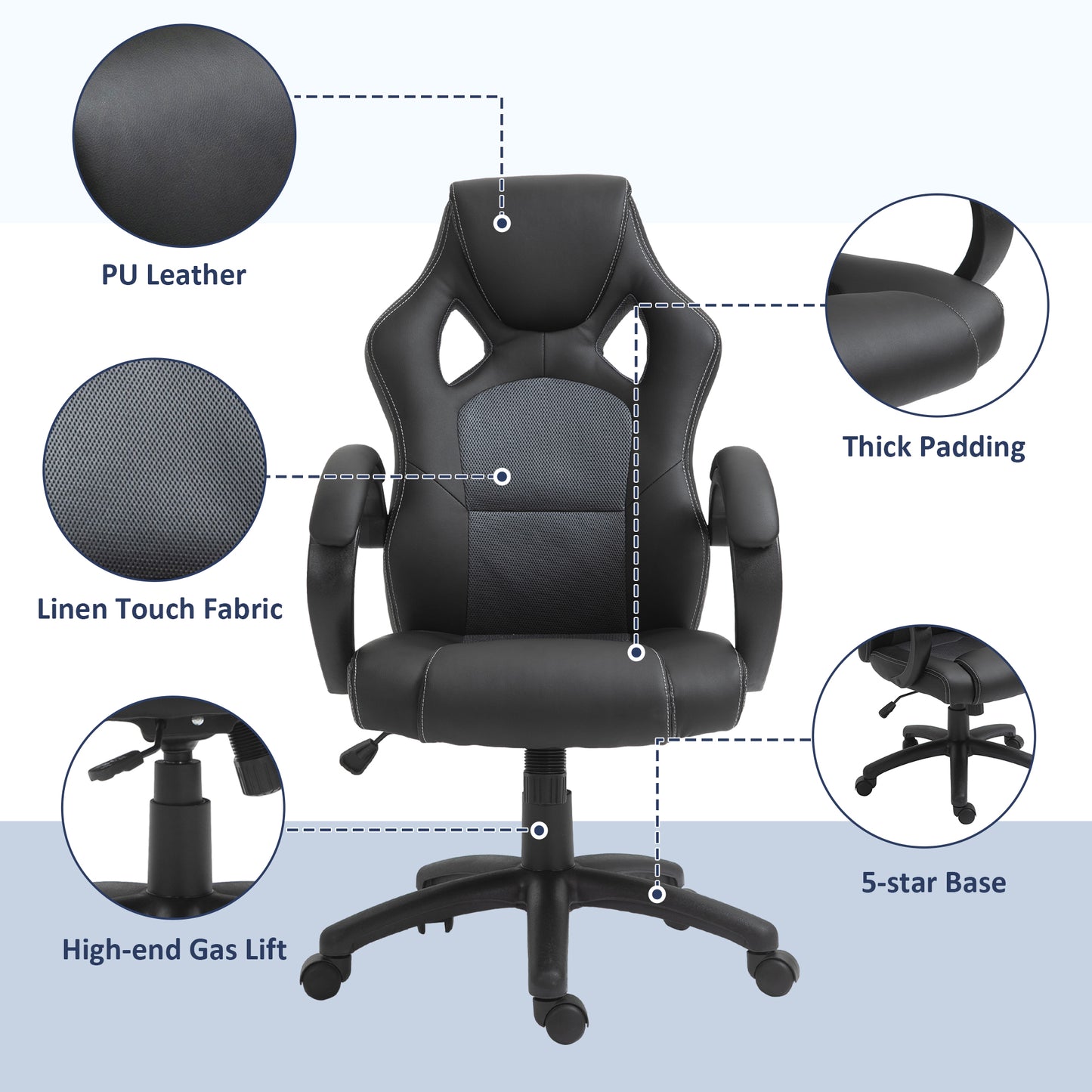 Racing Gaming Office Chair with Swivel Casters, Padded Headrest and Tilt Function, Grey