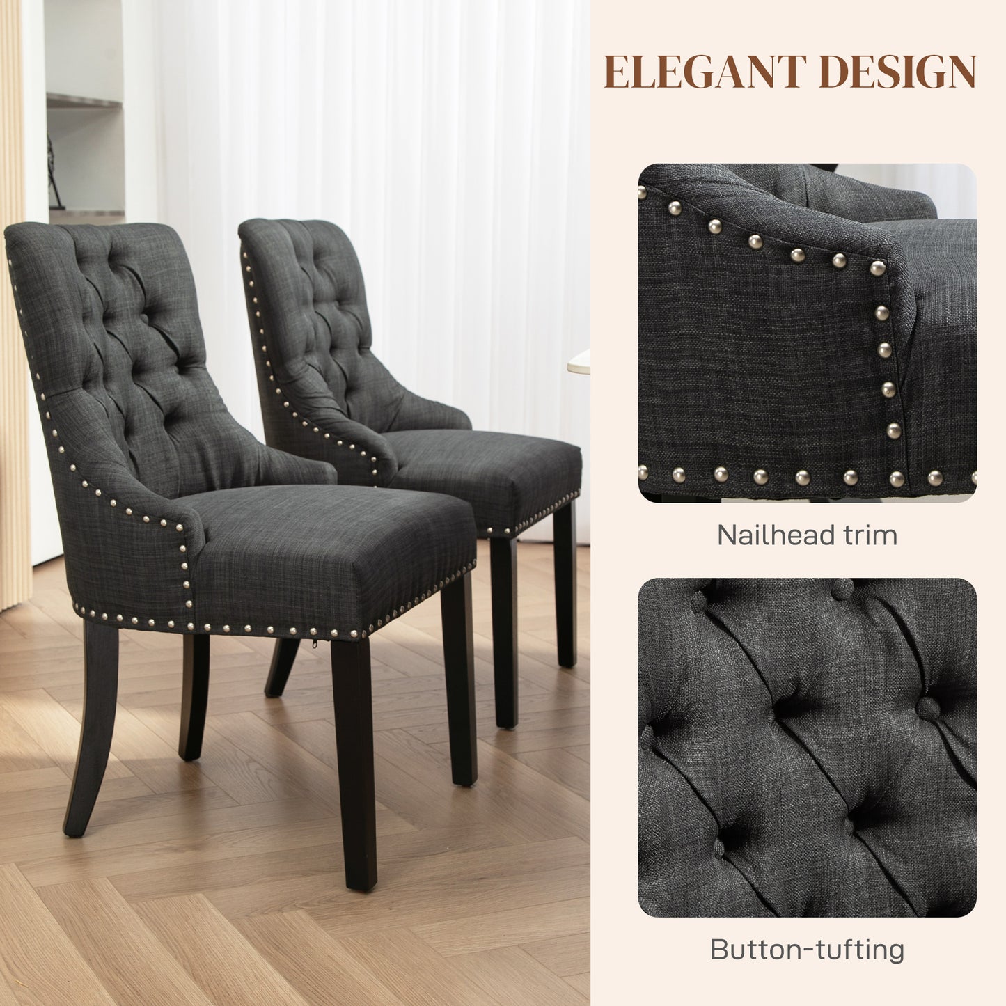Lot de 2 chaises de salle à manger en lin avec bordure cloutée et pieds en bois, gris foncé