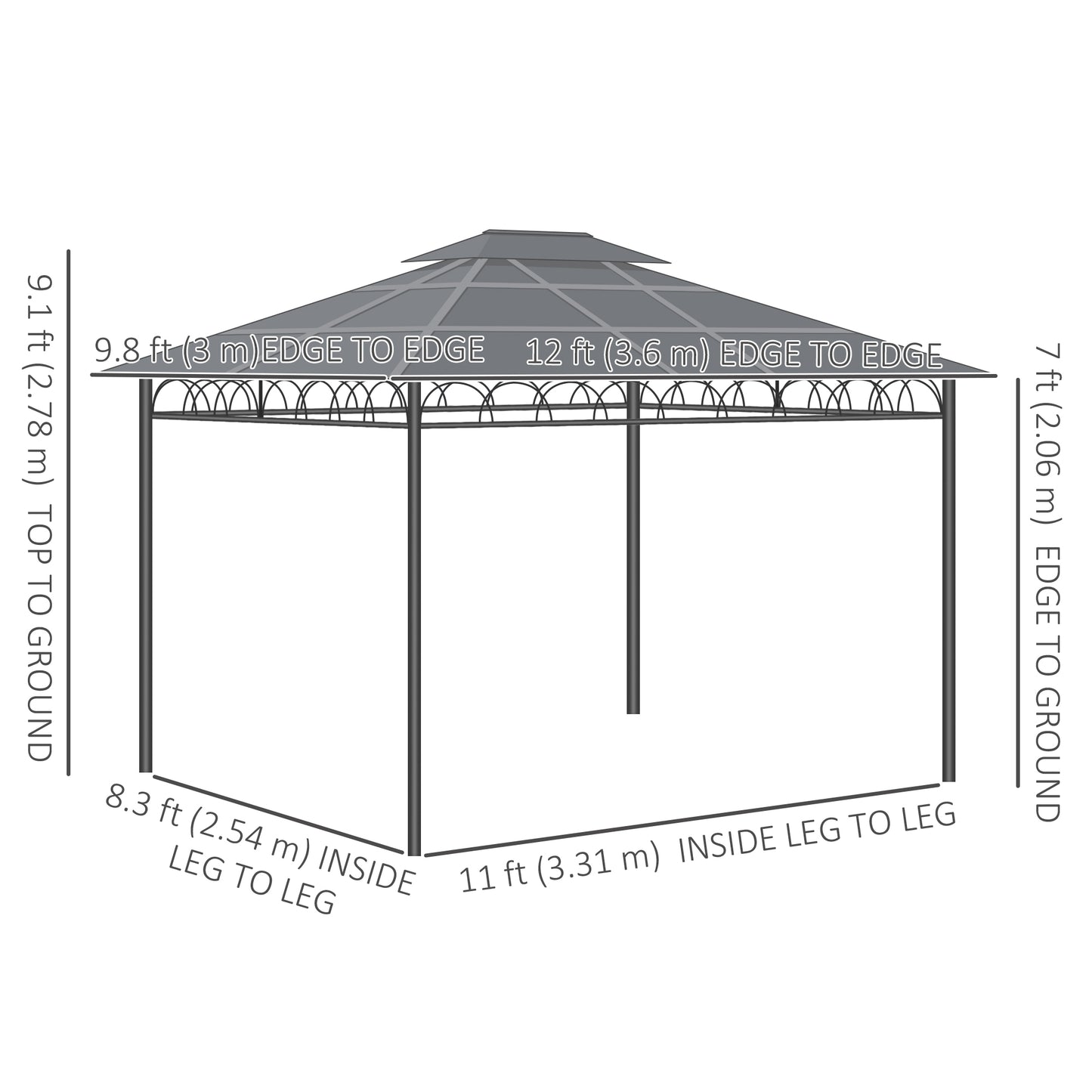 Gazebo 10' x 12' avec toit rigide double PC, structure en acier, filets et rideaux, kaki