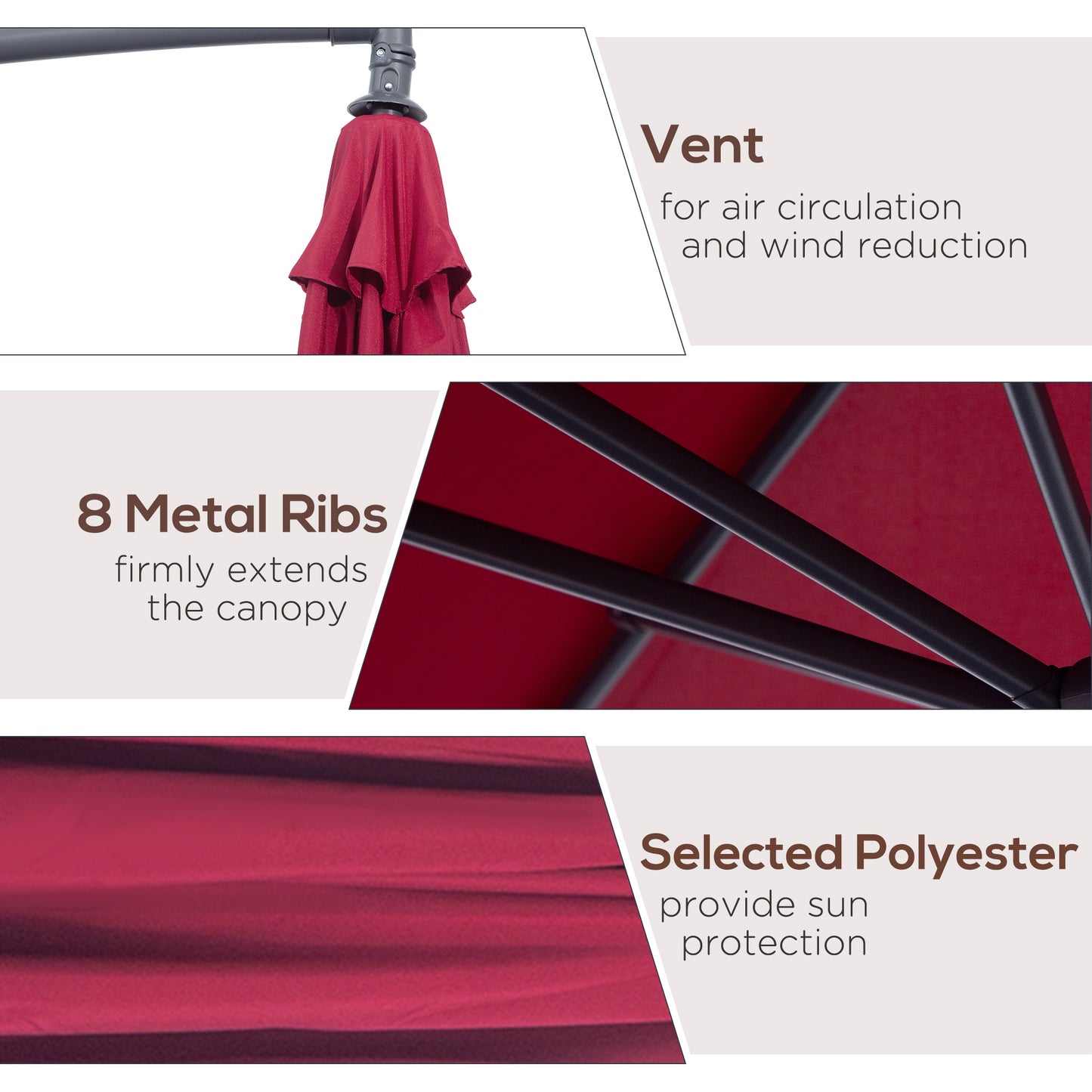 Outsunny Deluxe 10' Patio Umbrella, Offset Hanging Umbrella with Crank, Cross Base, Wine Red
