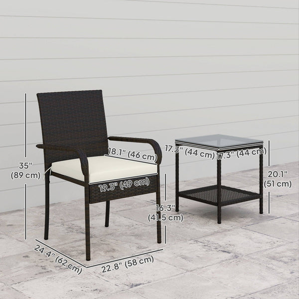 3 Piece Wicker Garden Furniture Set with Stackable Chairs, Washable Cushion, Tempered Glass Top, Brown