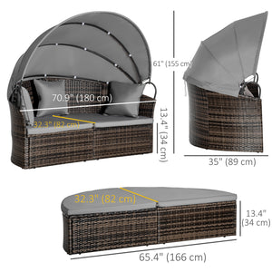 2 Piece Outdoor Rattan Chaise Lounge with Retractable Canopy with Cushions and Pillows, Grey Melange
