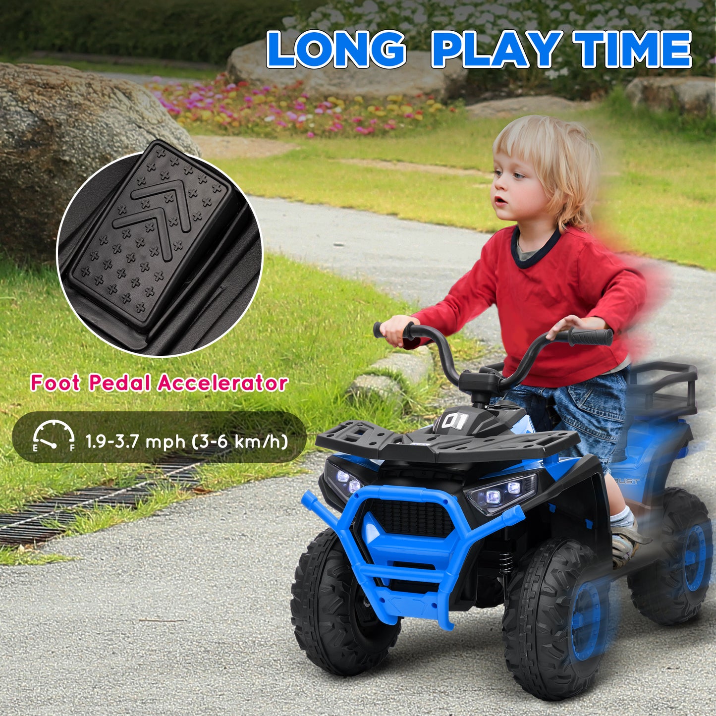 VTT pour enfants, jouet électrique à batterie 12 V avec suspension à ressort, panier de rangement, vitesse élevée et faible, bleu