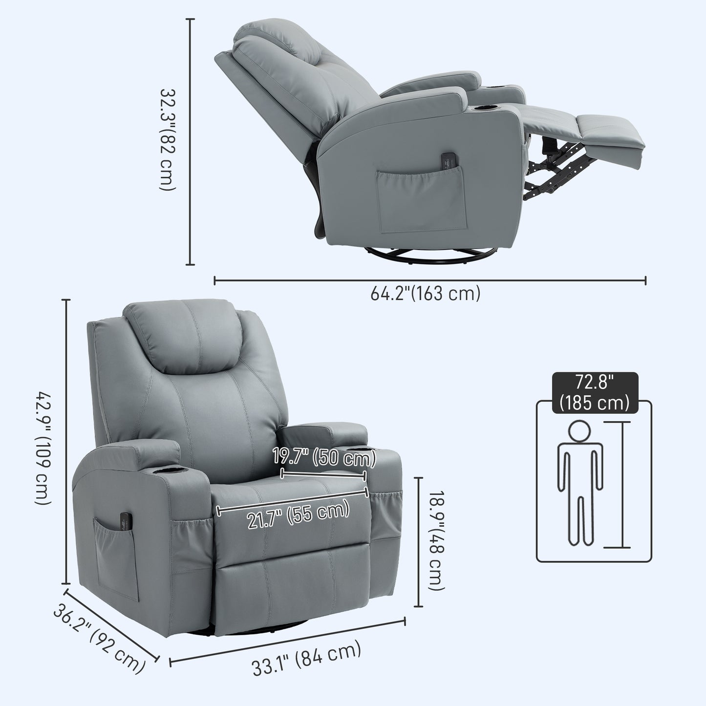 Fauteuil massant inclinable manuel pivotant avec 8 points de vibration et porte-gobelets, gris clair