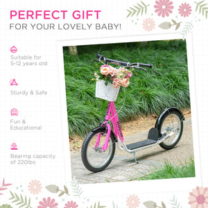 Trottinette avec guidon réglable avec 2 freins, panier porte-gobelet, rose