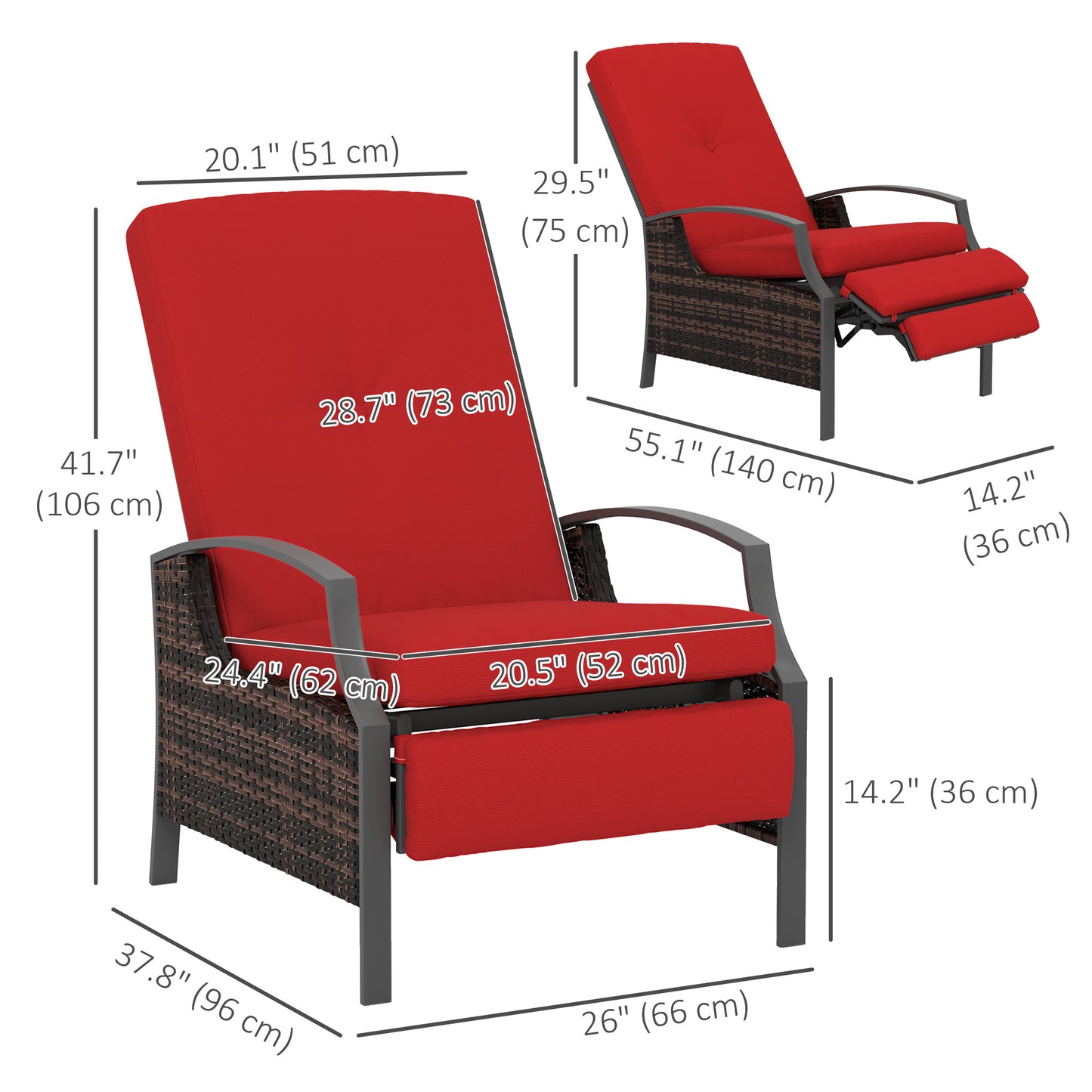Fauteuil inclinable d'extérieur en rotin avec dossier réglable et repose-pieds rétractable, couleur rouge vin