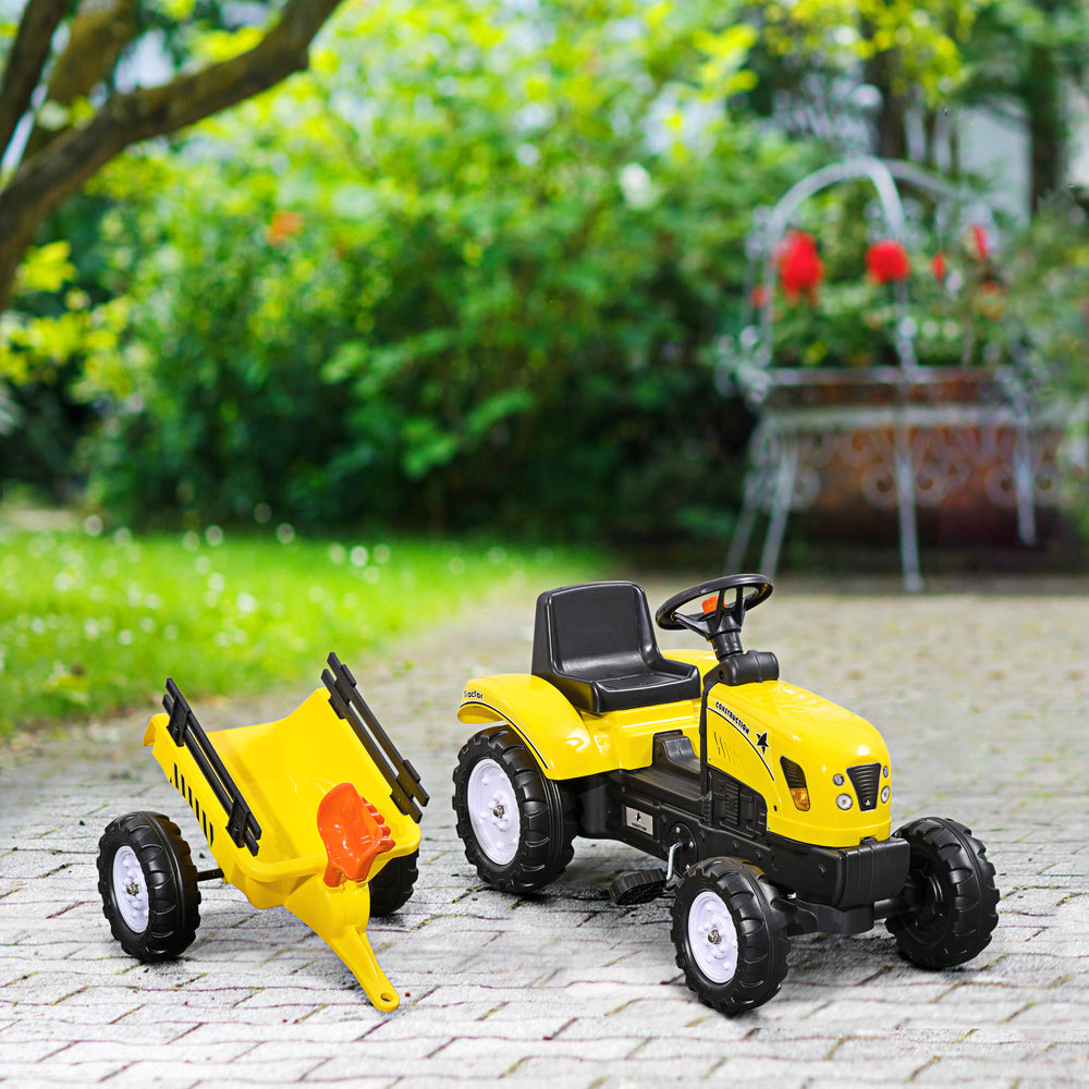 Ride-on excavator with rear trailer, shovel and rake