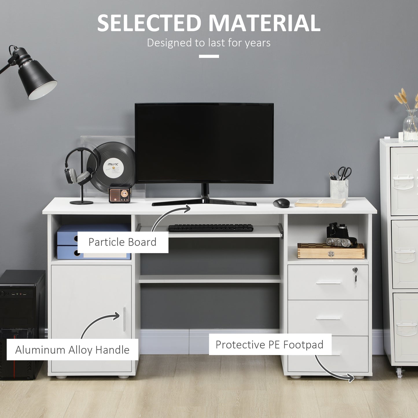 Bureau d'ordinateur avec plateau pour clavier et tiroirs, blanc