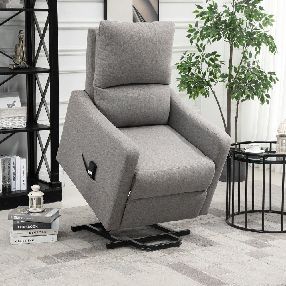 Fauteuil inclinable électrique relevable en tissu avec télécommande et poche latérale, gris