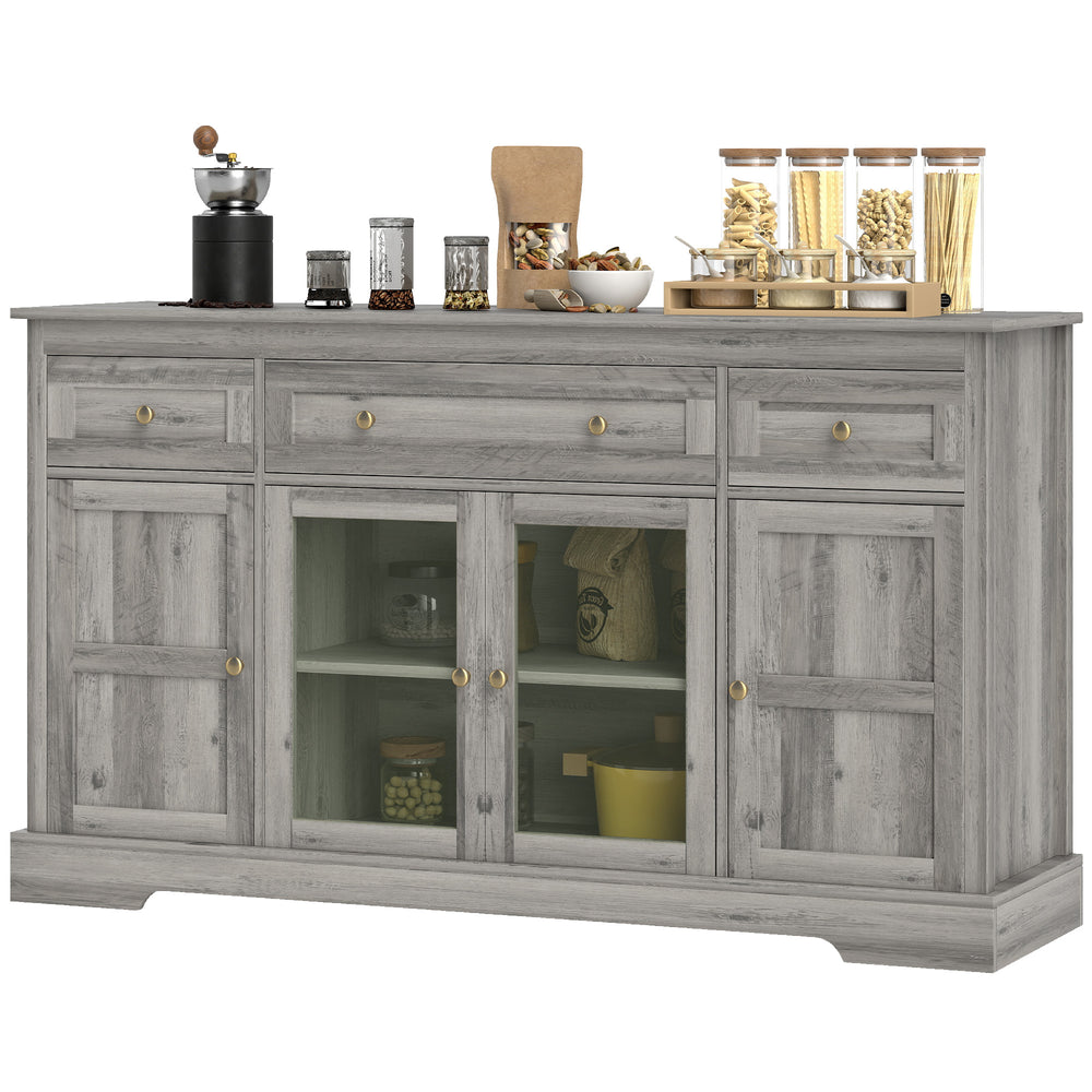 Buffet avec portes vitrées et étagères réglables, chêne gris patiné